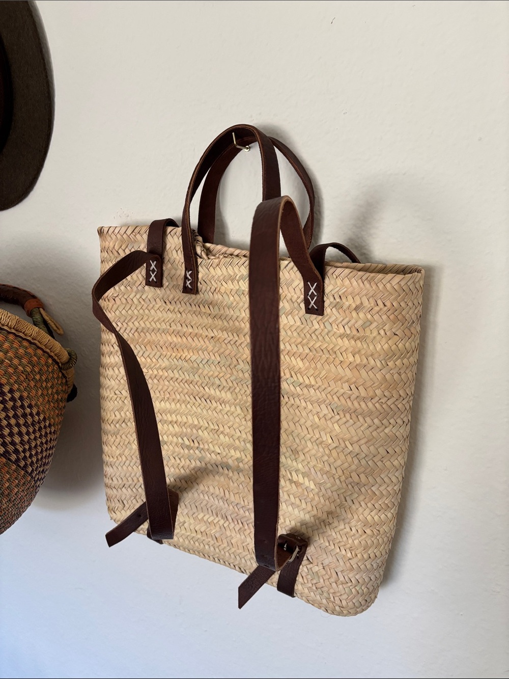 Natural Woven Backpack with Leather Straps - Picture 3 of 8